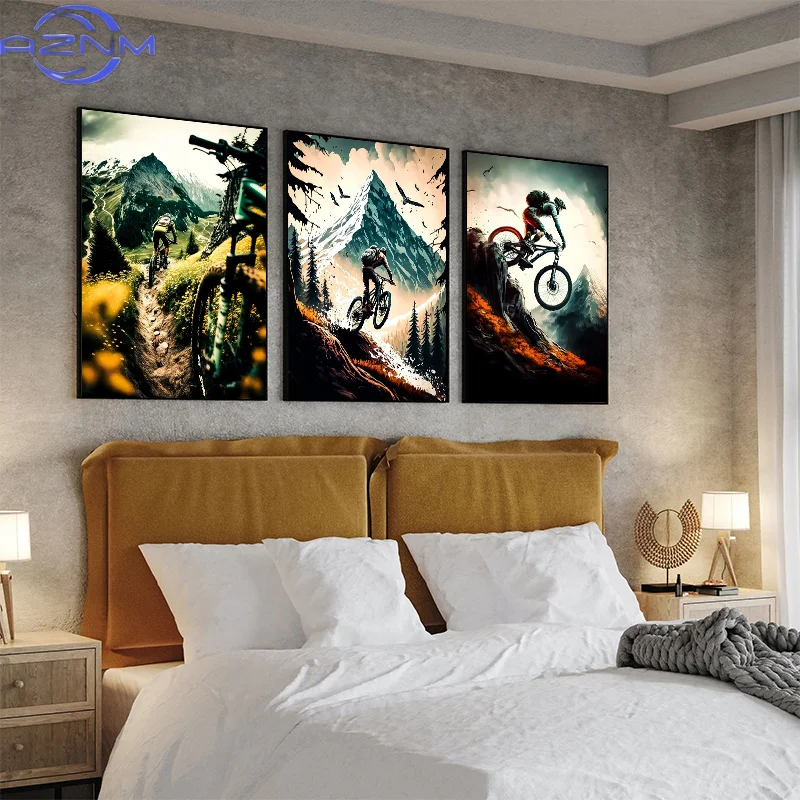 Picture Of Mountain Biking - AZNM โปสเตอร์จักรยานเสือภูเขาสมัยใหม่และภาพพิมพ์ภาพวาดบนผ้าใบกีฬา ศิลปะติดผนัง ภาพ HD สำหรับห้องนั่งเล่น